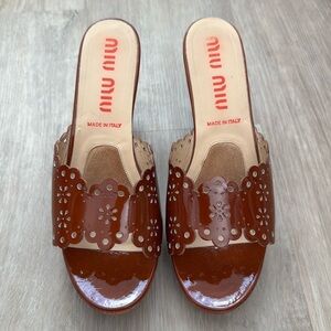 Miu Miu Brown Clog Mule Sandals w/ Wood Heel